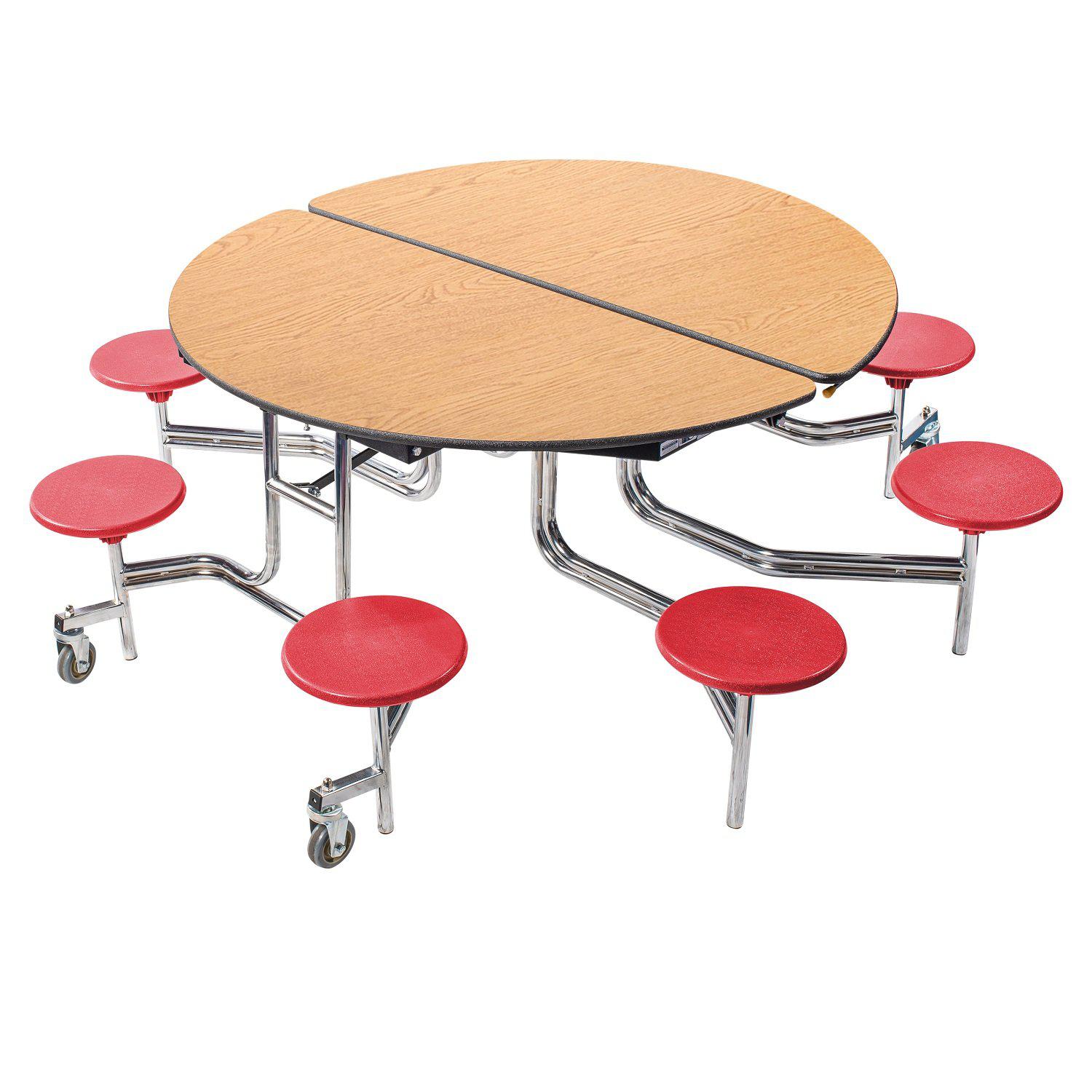 Mobile Cafeteria Table with 8 Stools, 60" Round, MDF Core, Black ProtectEdge, Chrome Frame