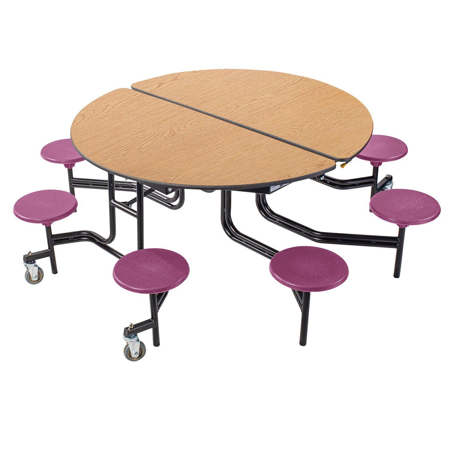 Mobile Cafeteria Table with 8 Stools, 60" Round, Particleboard Core, Vinyl T-Mold Edge, Textured Black Frame
