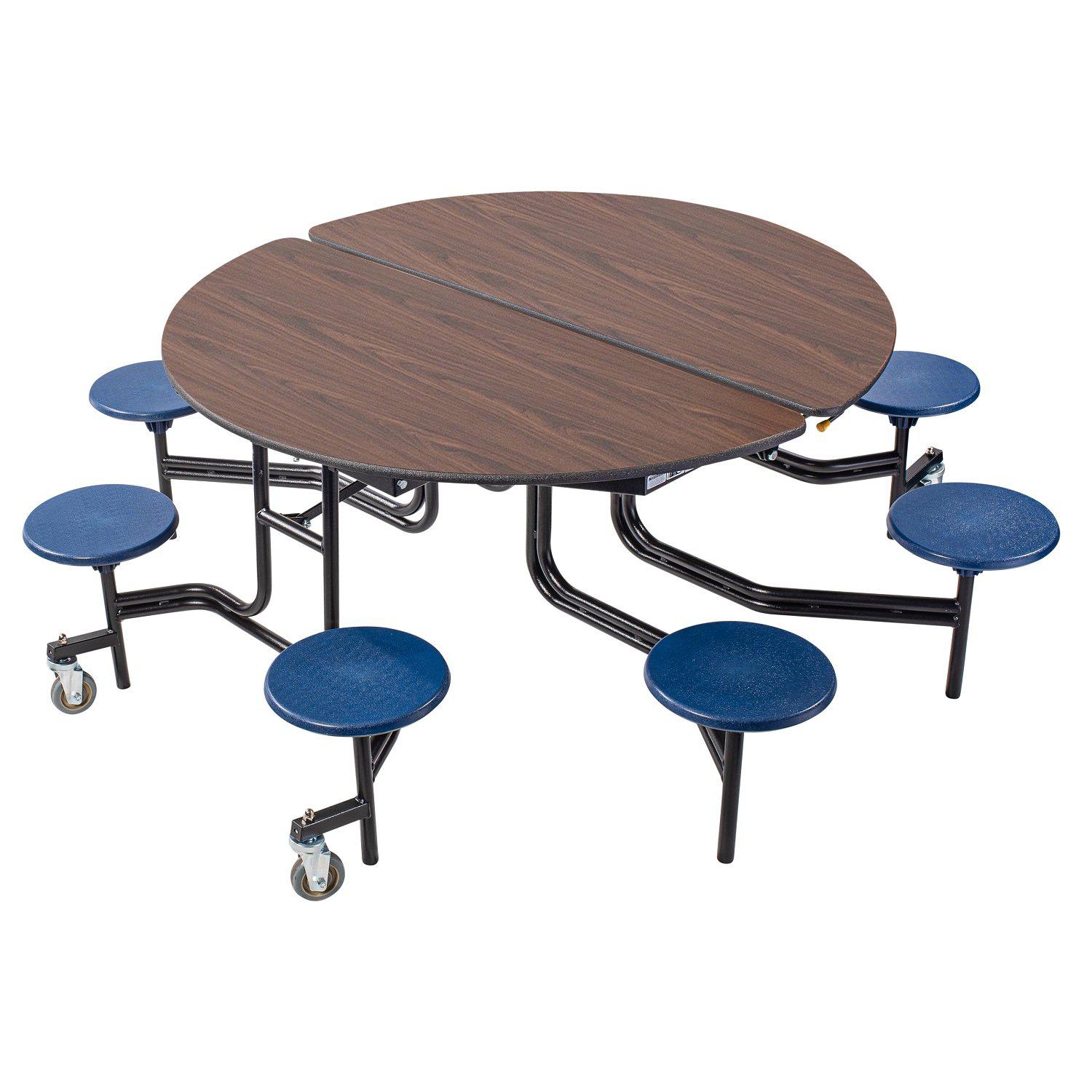 Mobile Cafeteria Table with 8 Stools, 60" Round, MDF Core, Black ProtectEdge, Textured Black Frame