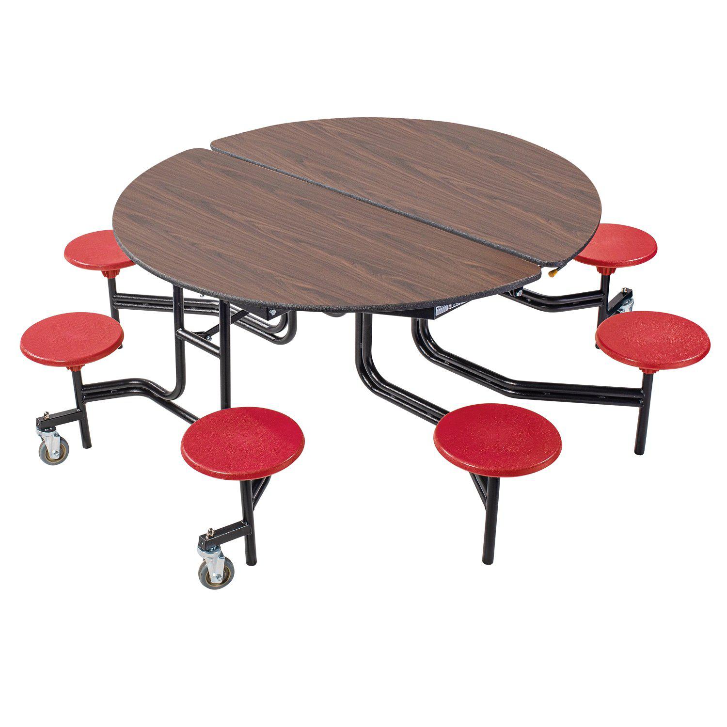 Mobile Cafeteria Table with 8 Stools, 60" Round, Plywood Core, Vinyl T-Mold Edge, Textured Black Frame