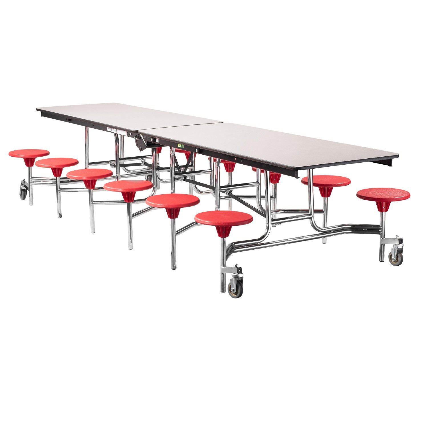 Mobile Cafeteria Table with 12 Stools, 12'L Rectangular, MDF Core, Black ProtectEdge, Chrome Frame