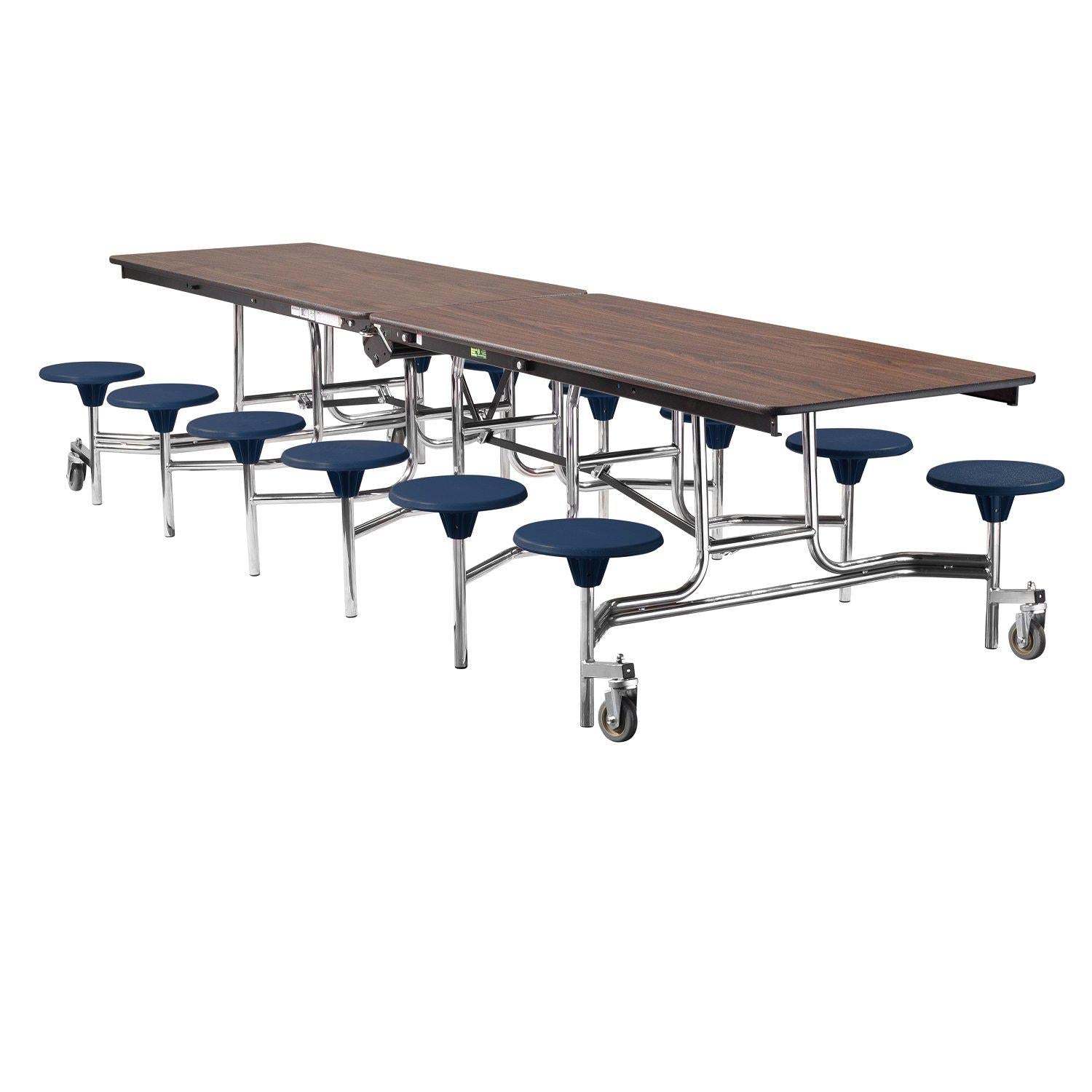Mobile Cafeteria Table with 12 Stools, 12'L Rectangular, Particleboard Core, Vinyl T-Mold Edge, Chrome Frame
