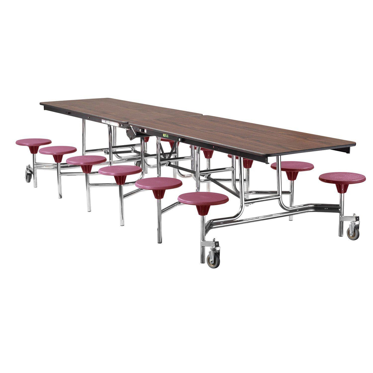 Mobile Cafeteria Table with 12 Stools, 12'L Rectangular, Plywood Core, Vinyl T-Mold Edge, Chrome Frame