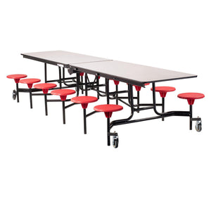 Mobile Cafeteria Table with 12 Stools, 12'L Rectangular, MDF Core, Black ProtectEdge, Textured Black Frame