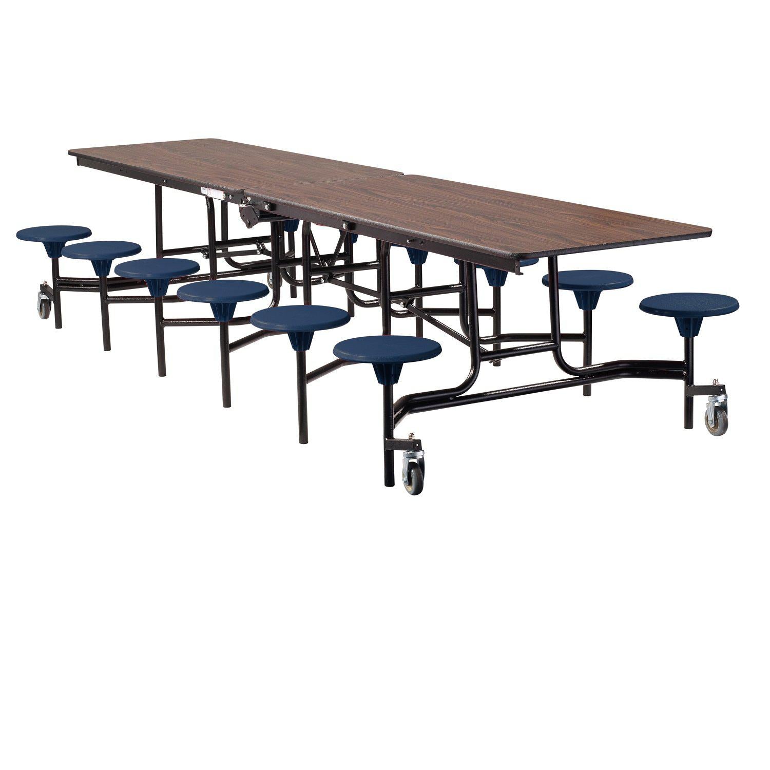 Mobile Cafeteria Table with 12 Stools, 12'L Rectangular, Particleboard Core, Vinyl T-Mold Edge, Textured Black Frame
