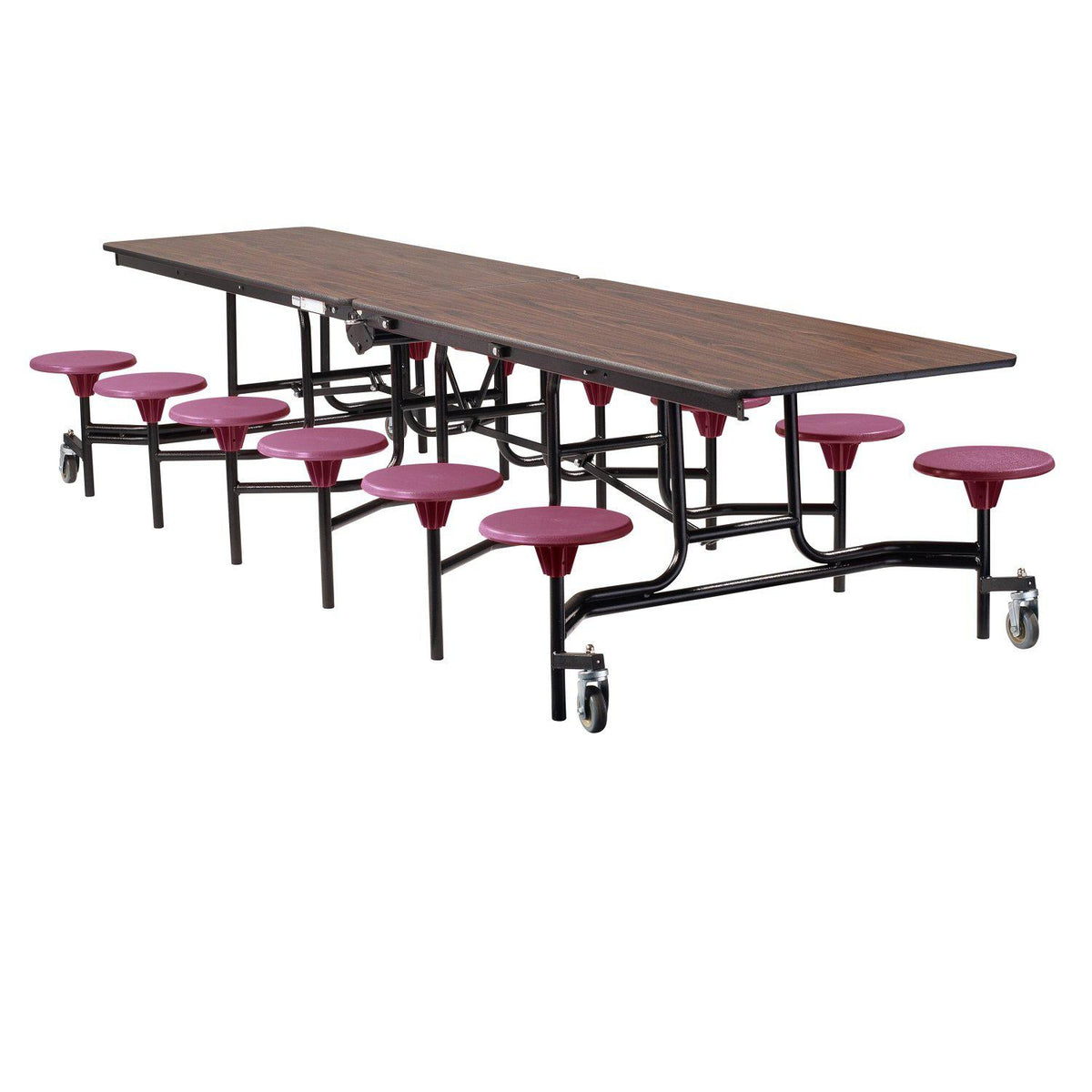 Mobile Cafeteria Table with 12 Stools, 12'L Rectangular, Plywood Core, Vinyl T-Mold Edge, Textured Black Frame