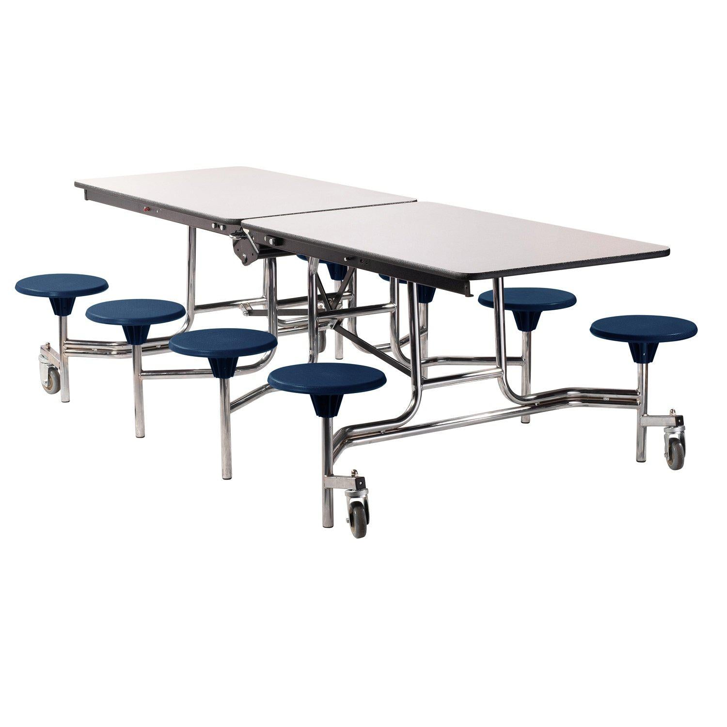 Mobile Cafeteria Table with 8 Stools, 8'L Rectangular, MDF Core, ProtectEdge, Chrome Frame