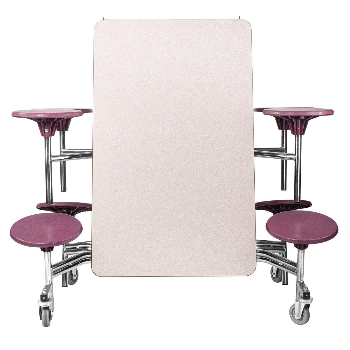 Mobile Cafeteria Table with 8 Stools, 8'L Rectangular, MDF Core, ProtectEdge, Chrome Frame