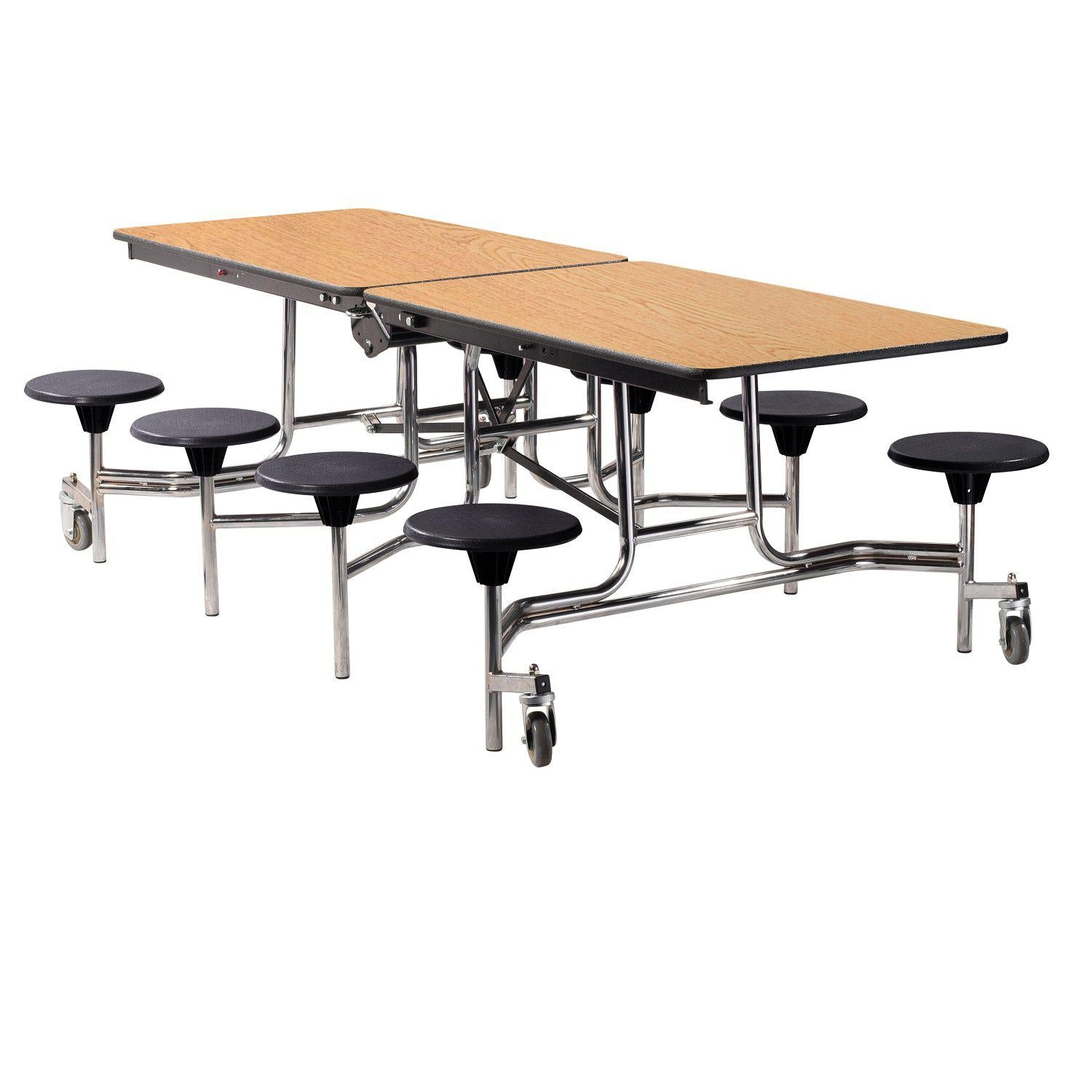 Mobile Cafeteria Table with 8 Stools, 8'L Rectangular, Plywood Core, Vinyl T-Mold Edge, Chrome Frame