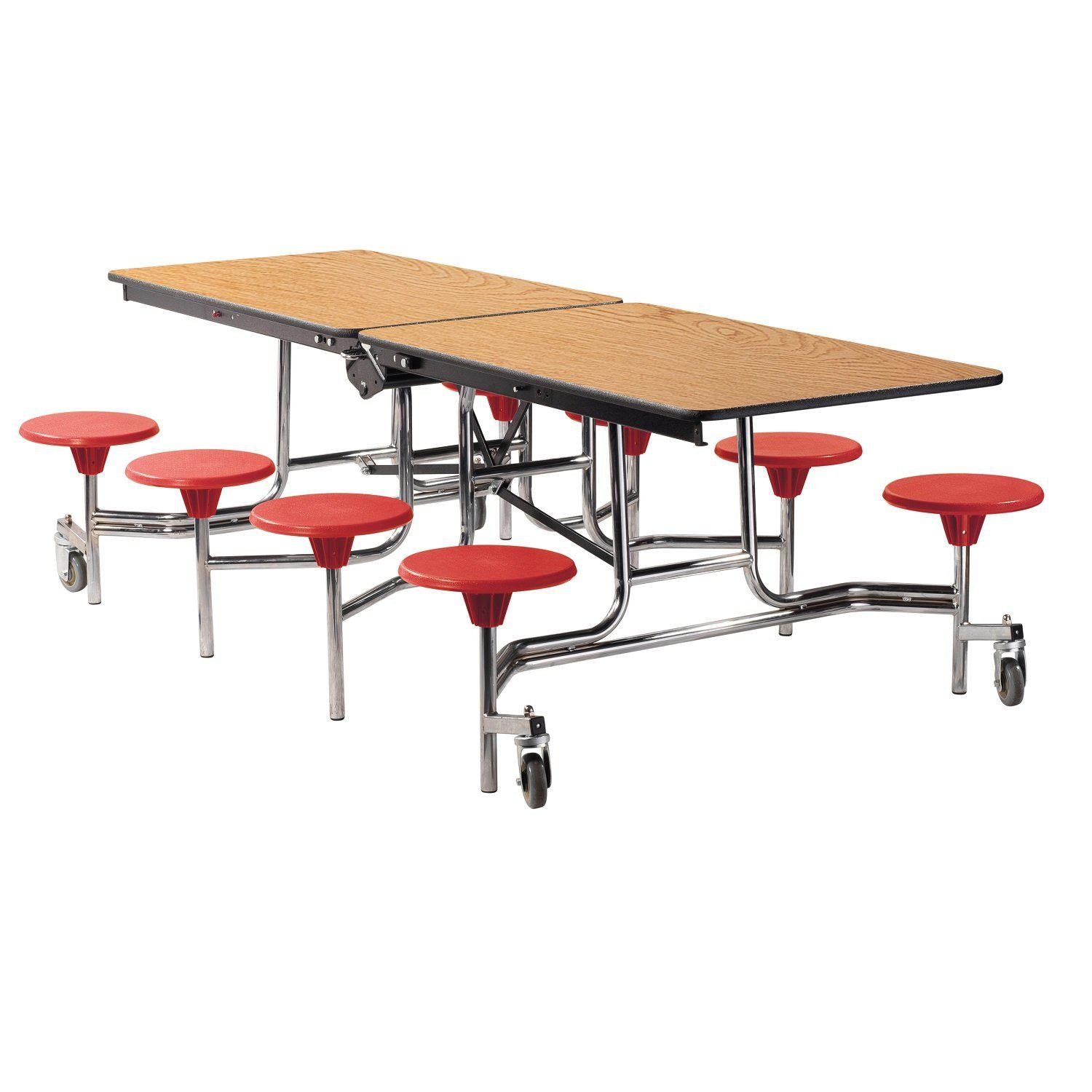 Mobile Cafeteria Table with 8 Stools, 8'L Rectangular, Particleboard Core, Vinyl T-Mold Edge, Chrome Frame