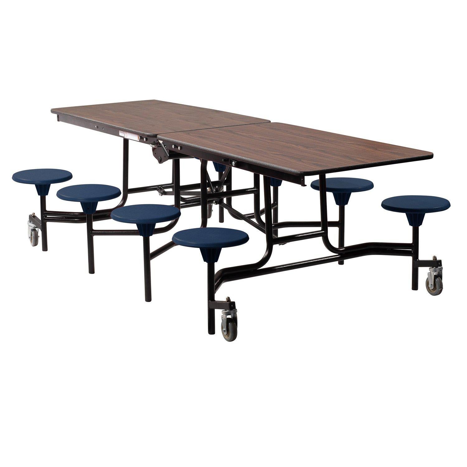 Mobile Cafeteria Table with 8 Stools, 8'L Rectangular, Particleboard Core, Vinyl T-Mold Edge, Textured Black Frame