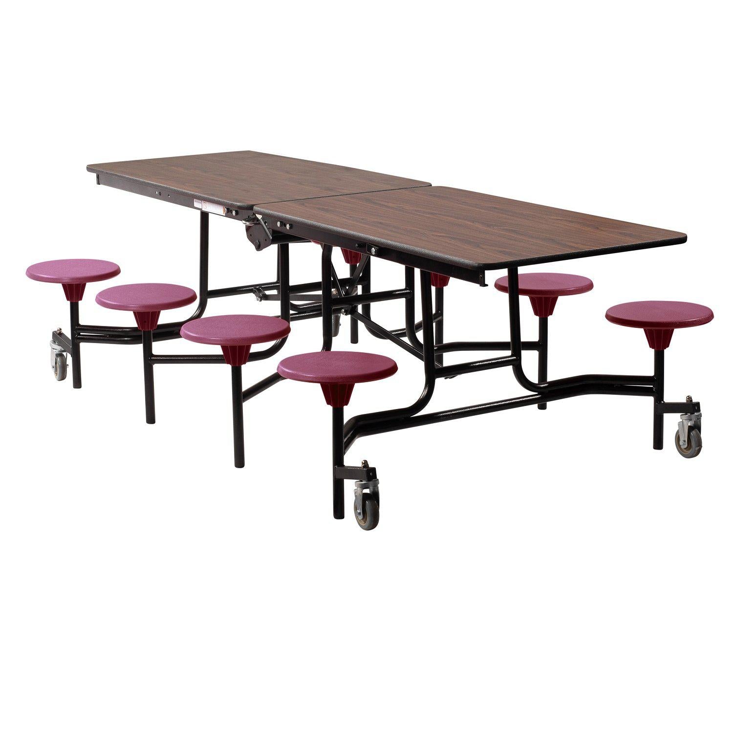 Mobile Cafeteria Table with 8 Stools, 8'L Rectangular, Plywood Core, Vinyl T-Mold Edge, Textured Black Frame