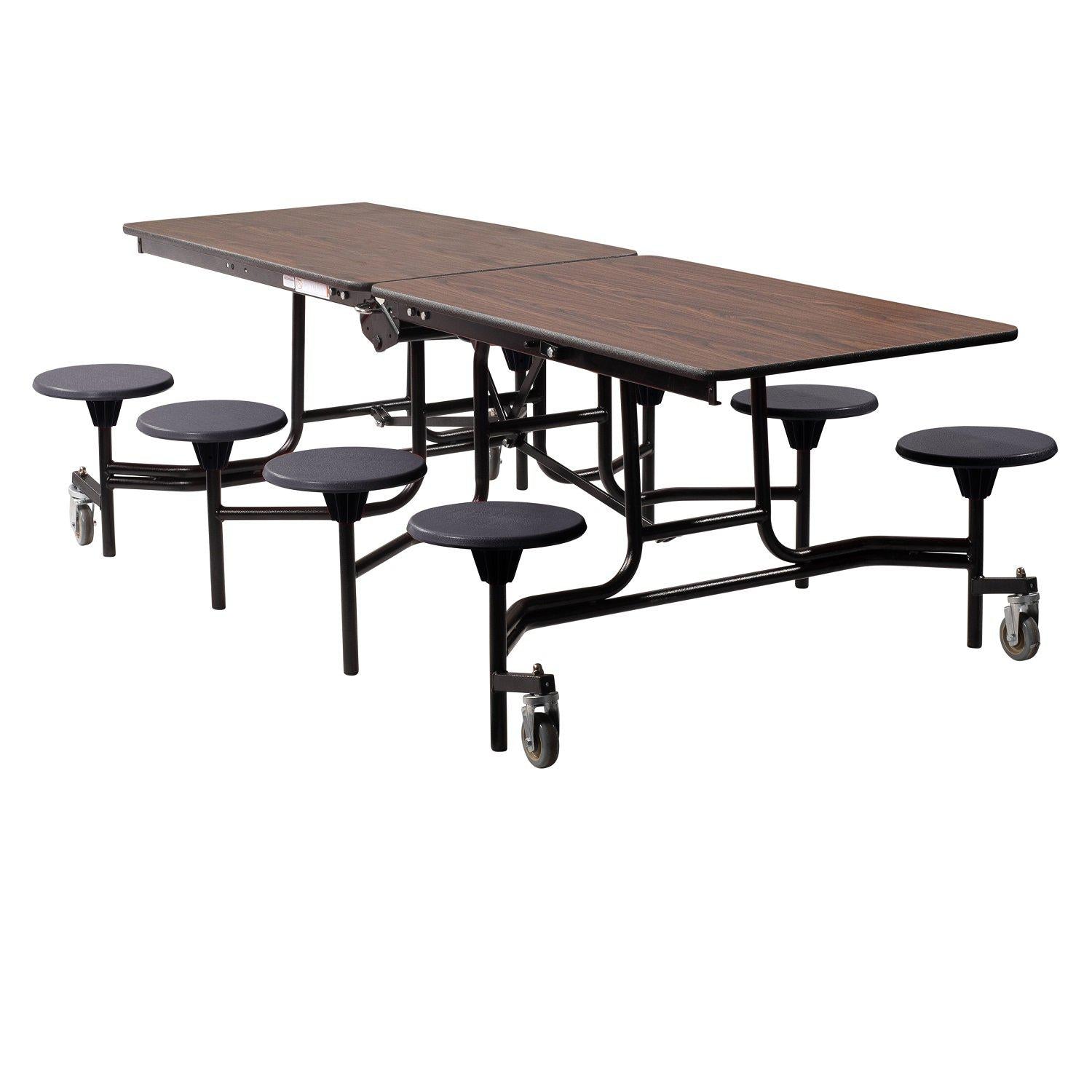 Mobile Cafeteria Table with 8 Stools, 8'L Rectangular, MDF Core, Black ProtectEdge, Textured Black Frame