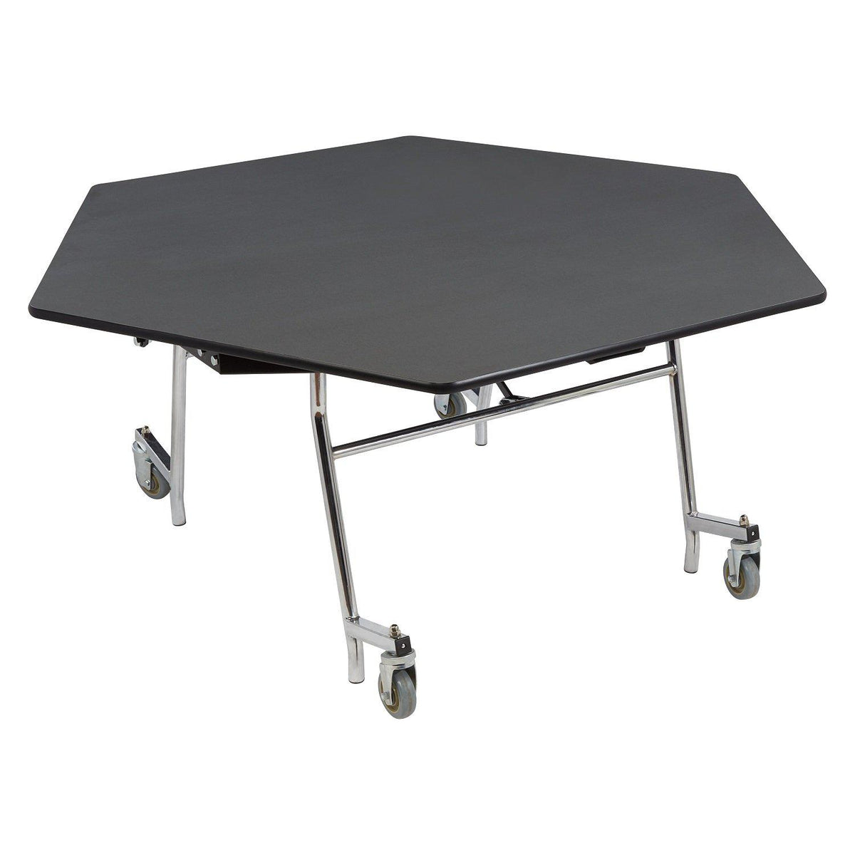 Mobile EasyFold Table, 48" Hexagon, Plywood Core, Vinyl T-Mold Edge, Chrome Frame