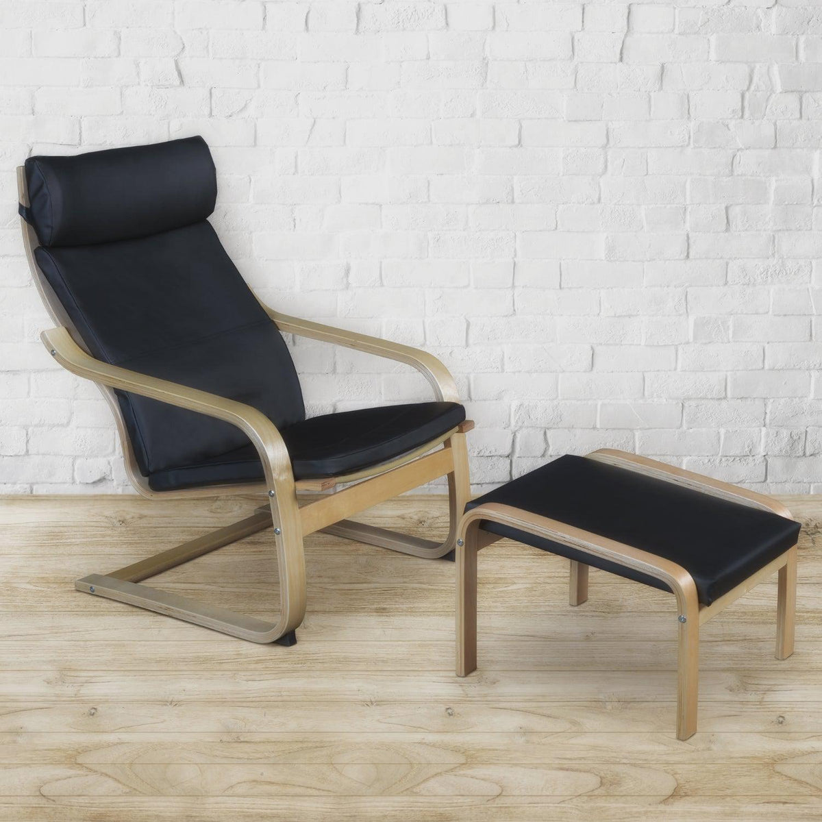 Niche Mia Bentwood Reclining Chair and Ottoman, Natural Frame Finish, Black Leather Upholstery