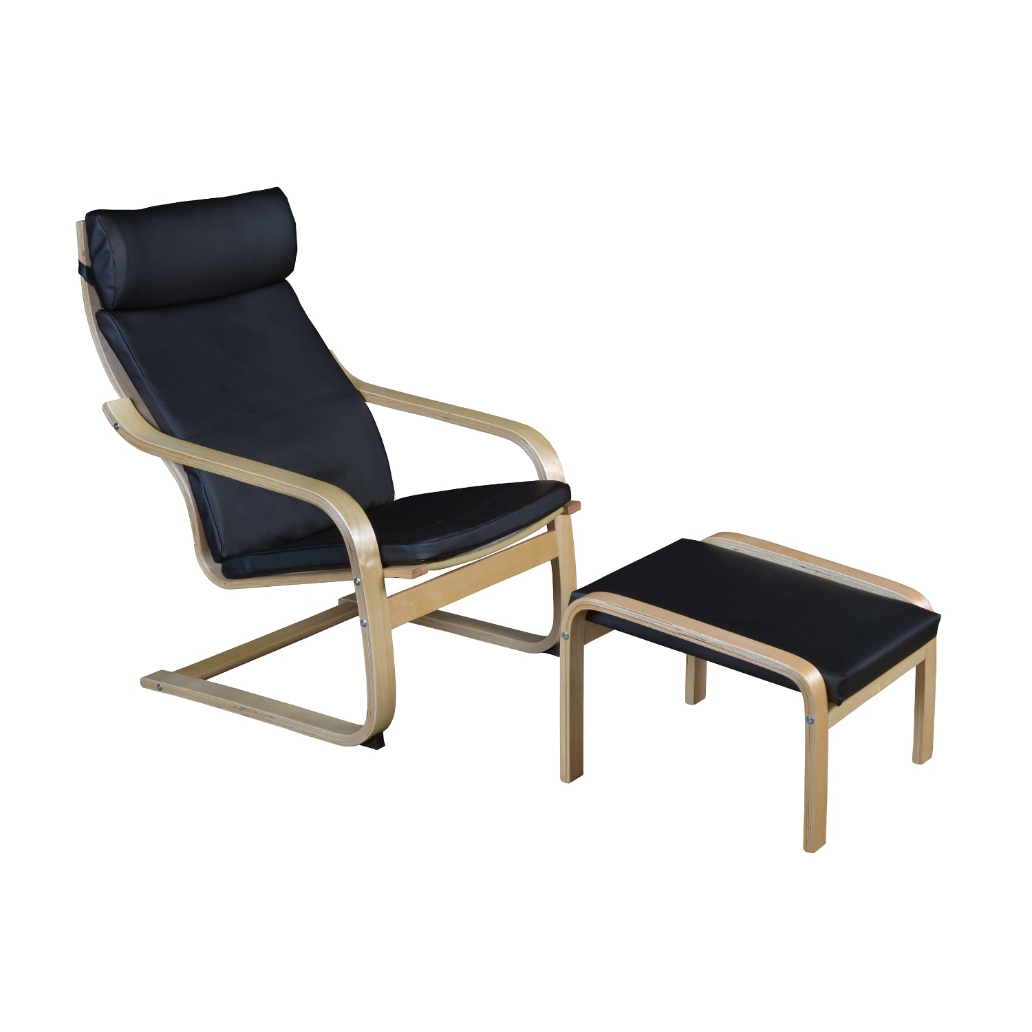 Niche Mia Bentwood Reclining Chair and Ottoman, Natural Frame Finish, Black Leather Upholstery