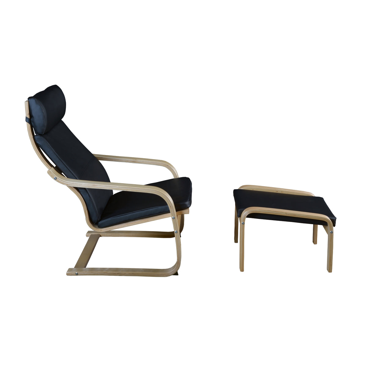 Niche Mia Bentwood Reclining Chair and Ottoman, Natural Frame Finish, Black Leather Upholstery
