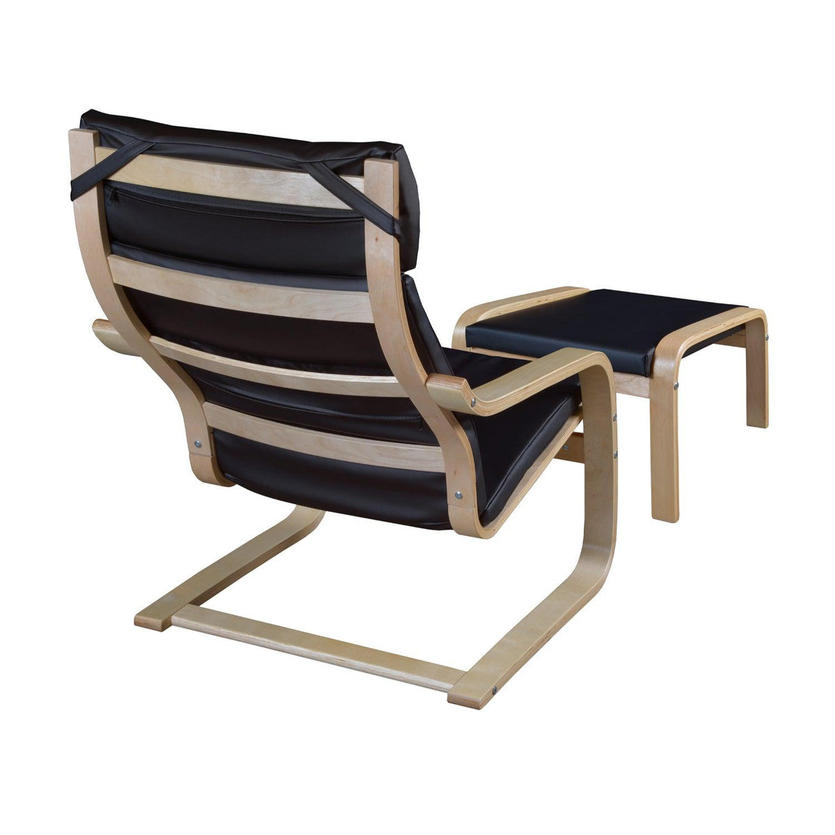 Niche Mia Bentwood Reclining Chair and Ottoman, Natural Frame Finish, Black Leather Upholstery