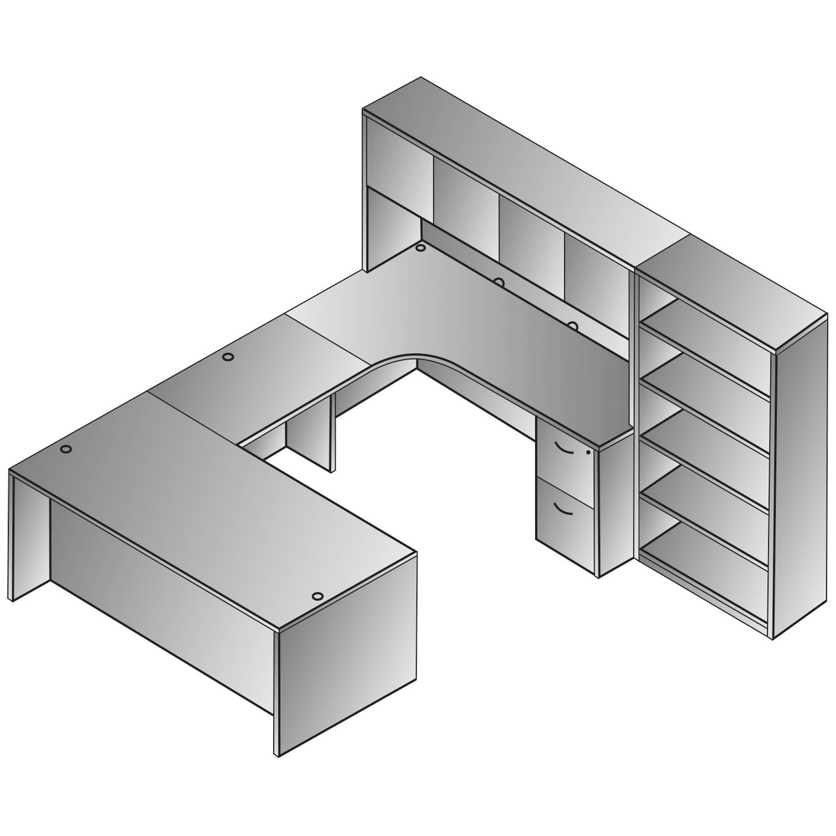 Napa Right U Shape Desk with Hutch and Bookcase, 107" x 107"