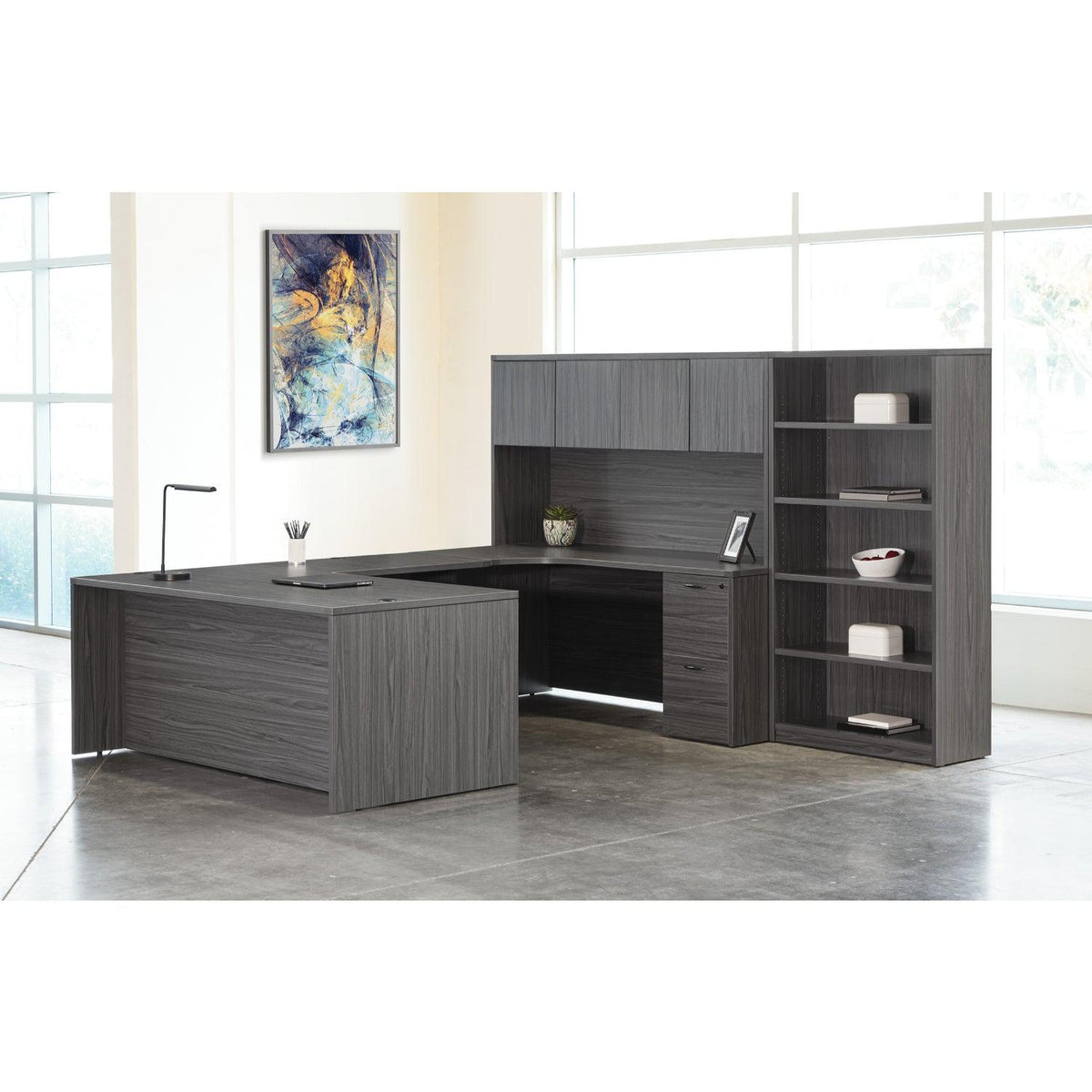 Napa Right U Shape Desk with Hutch and Bookcase, 107" x 107"