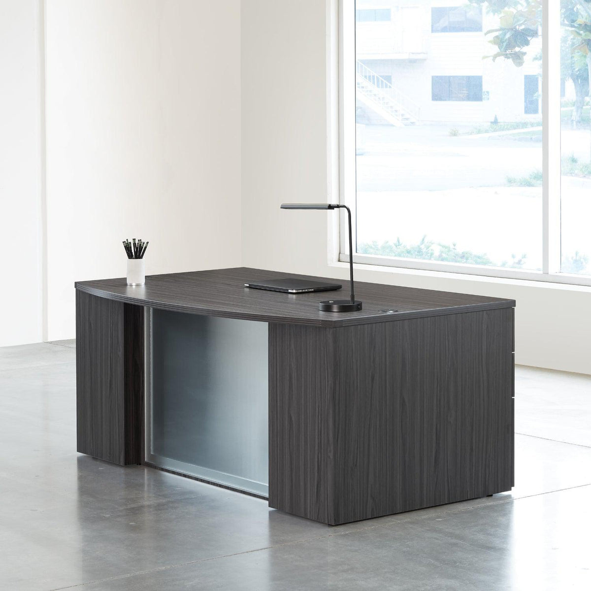 Napa StepFront Bow Top Desk with Glass Modesty Panel, 71" x 40" x 29" H