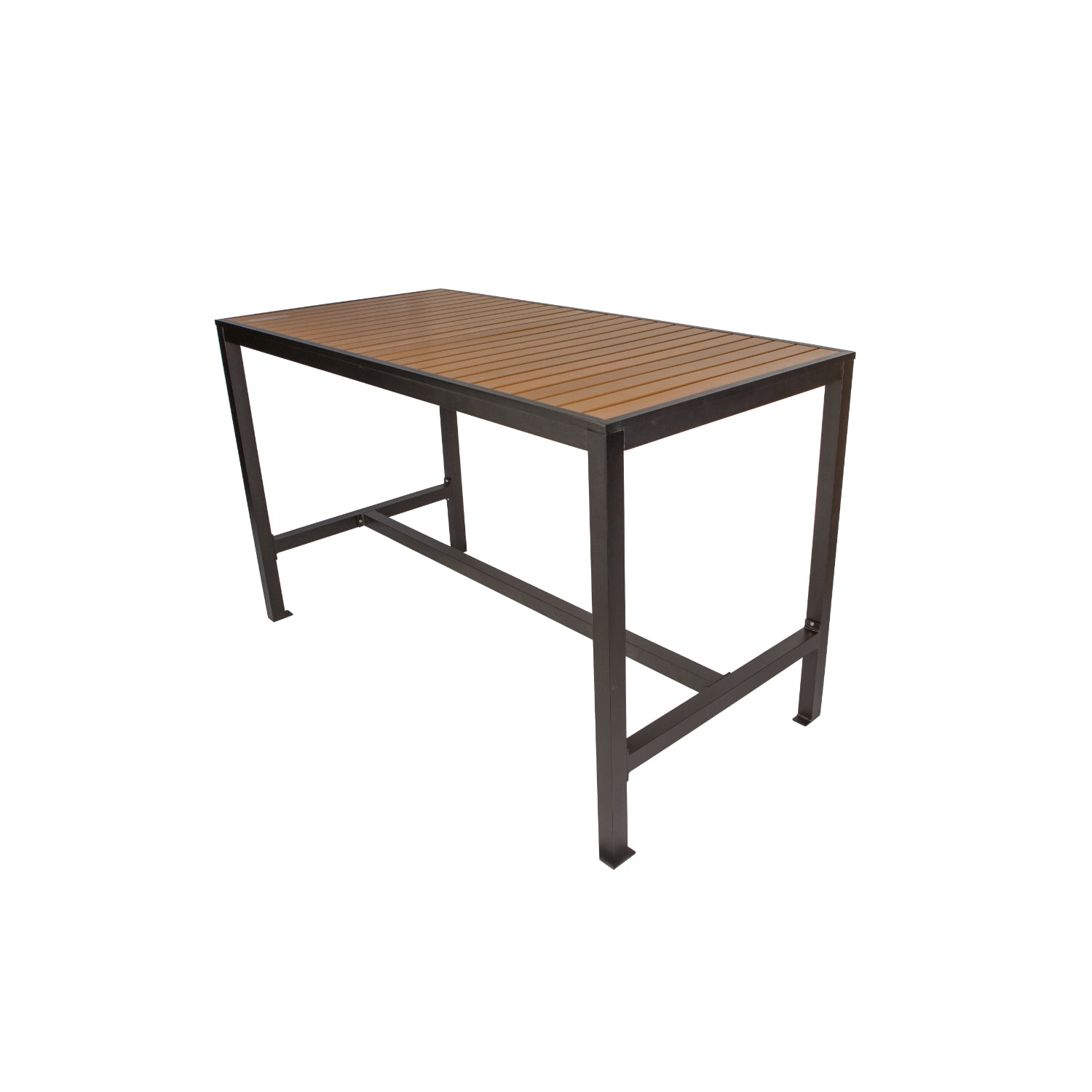 Longport Collection Outdoor/Indoor 35" x 71" Aluminum 4-Leg Bolt-Down Bar Height Table with Synthetic Teak Top