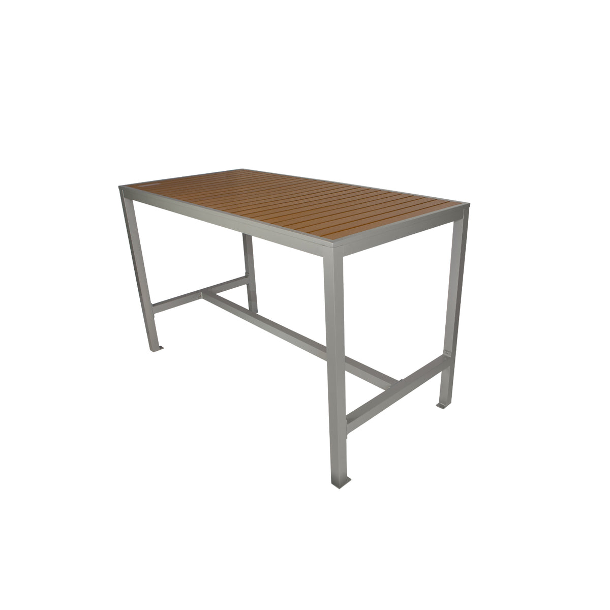 Longport Collection Outdoor/Indoor 35" x 71" Aluminum 4-Leg Bolt-Down Bar Height Table with Synthetic Teak Top