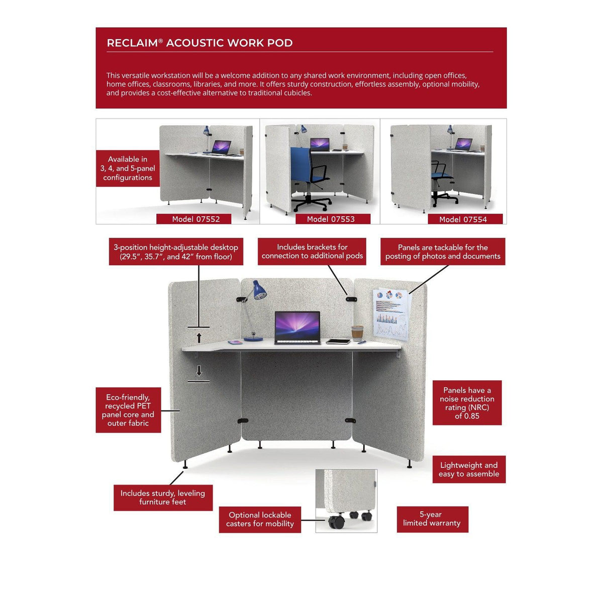 Reclaim Acoustic Work Pod, 5 Panels