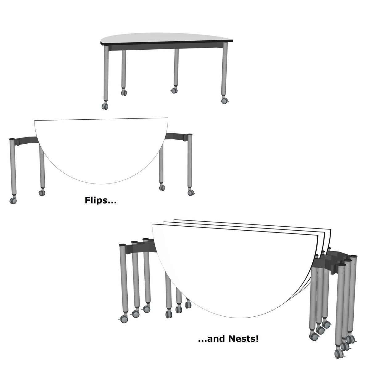 Muzo Kite® Mobile Dry-Erase Flip-Top Folding/Nesting Table, Semi-Circle, 59" W x 29.5" D