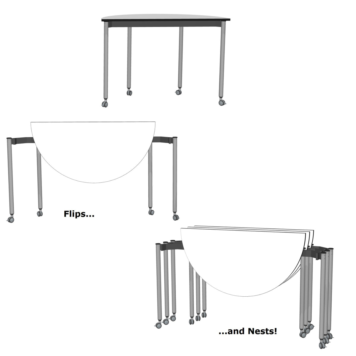Muzo Tall Kite® Standing Height Mobile Dry-Erase Flip-Top Folding/Nesting Table, Semi-Circle, 59" W x 29.5" D