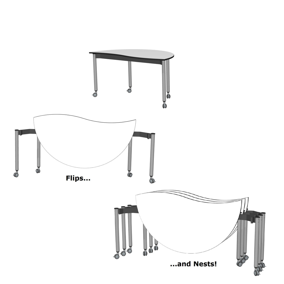 Muzo Kite® Wave Mobile Dry-Erase Flip-Top Folding/Nesting Table, Semi-Circle, 59" W x 32" D x 29" H