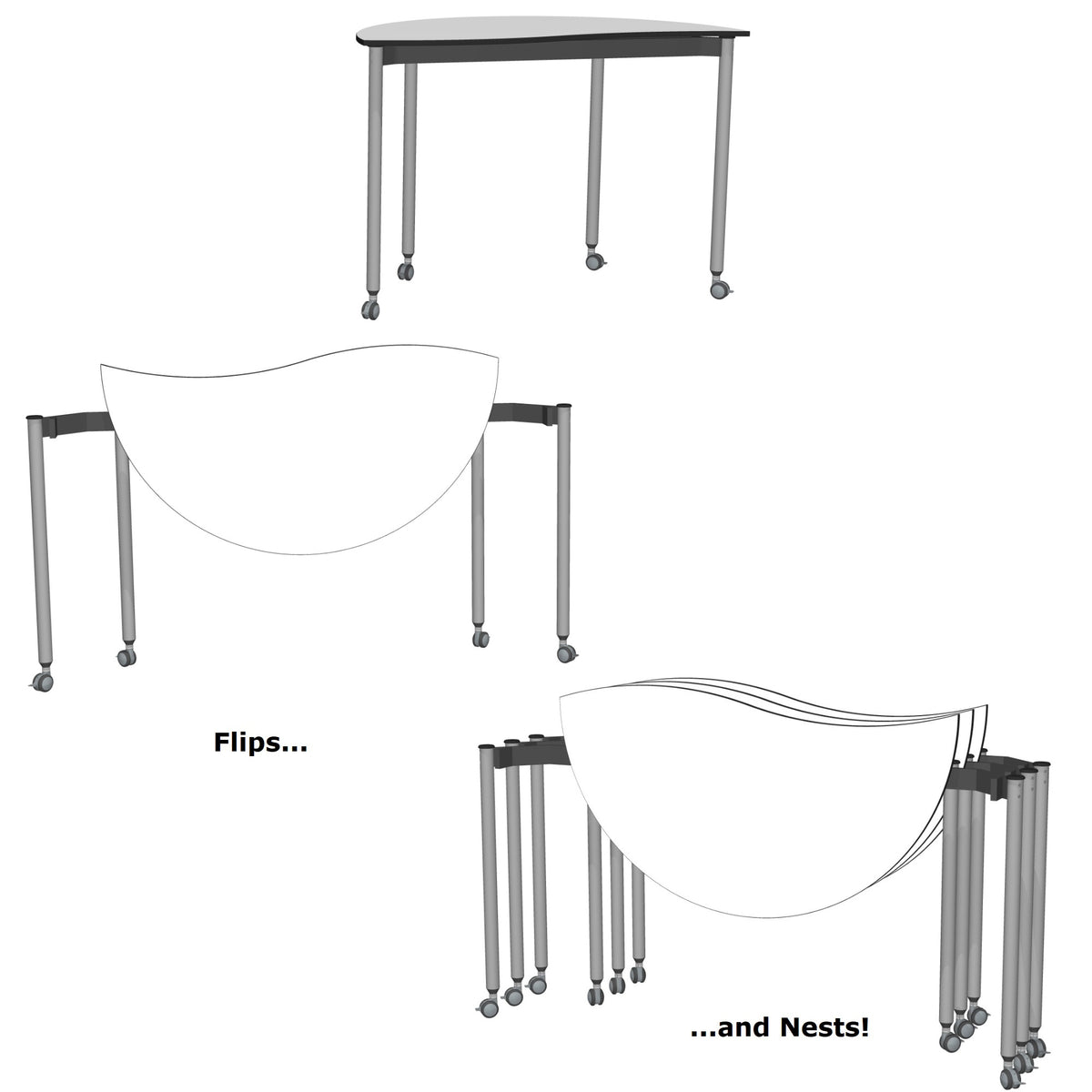Muzo Tall Kite® Wave Standing Height Mobile Dry-Erase Flip-Top Folding/Nesting Table, Semi-Circle, 59" W x 32" D