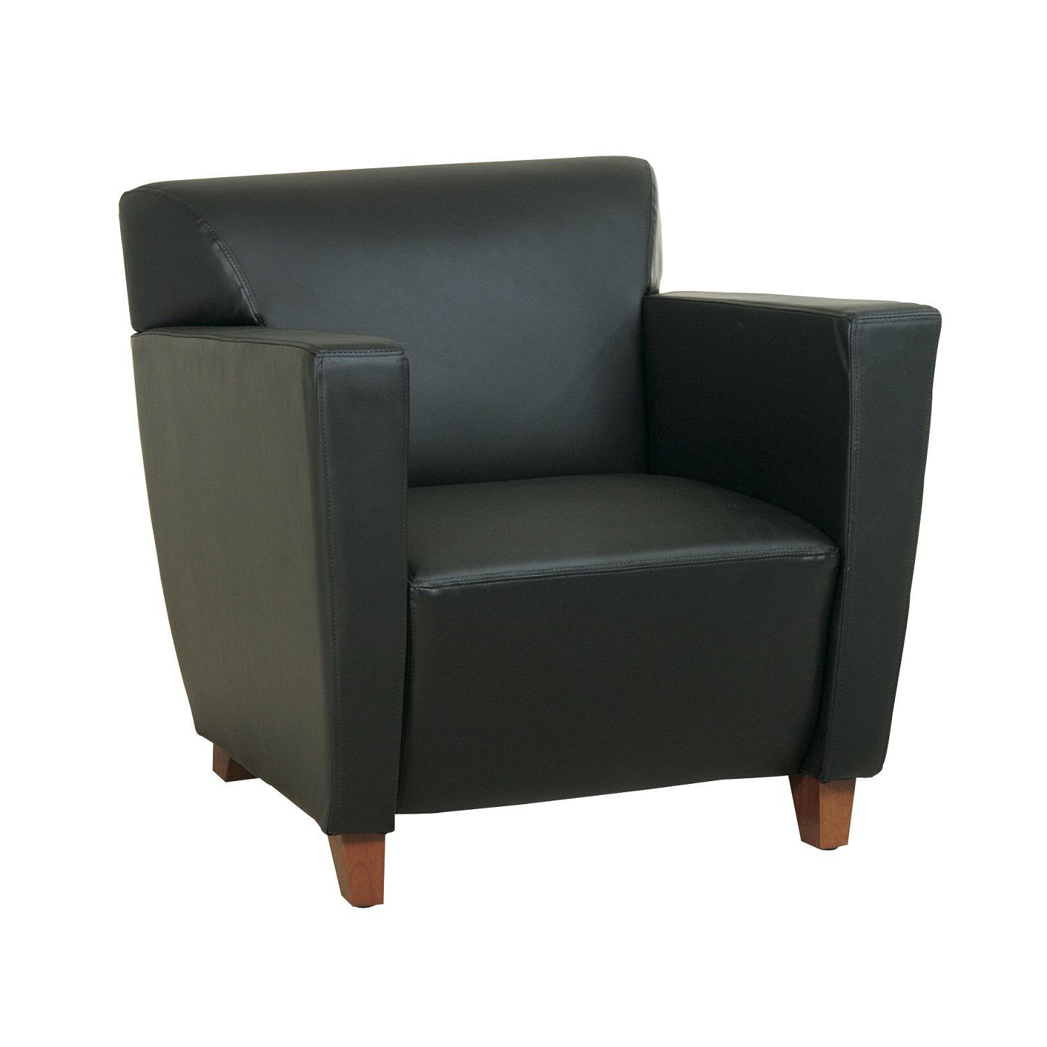 Black Bonded Leather Club Chair with Cherry Finish Legs