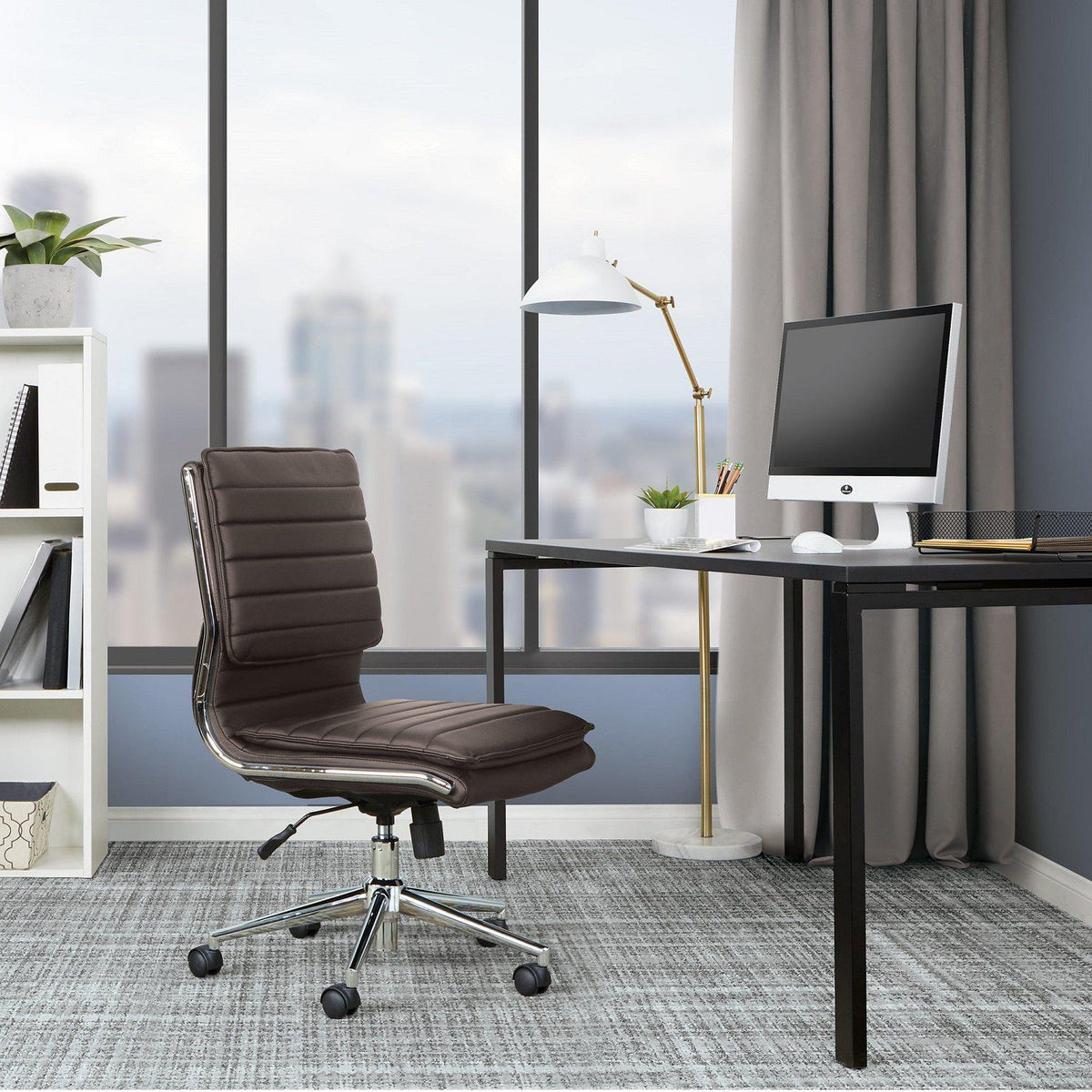 Armless Mid Back Faux Leather Manager's Chair with Chrome Base