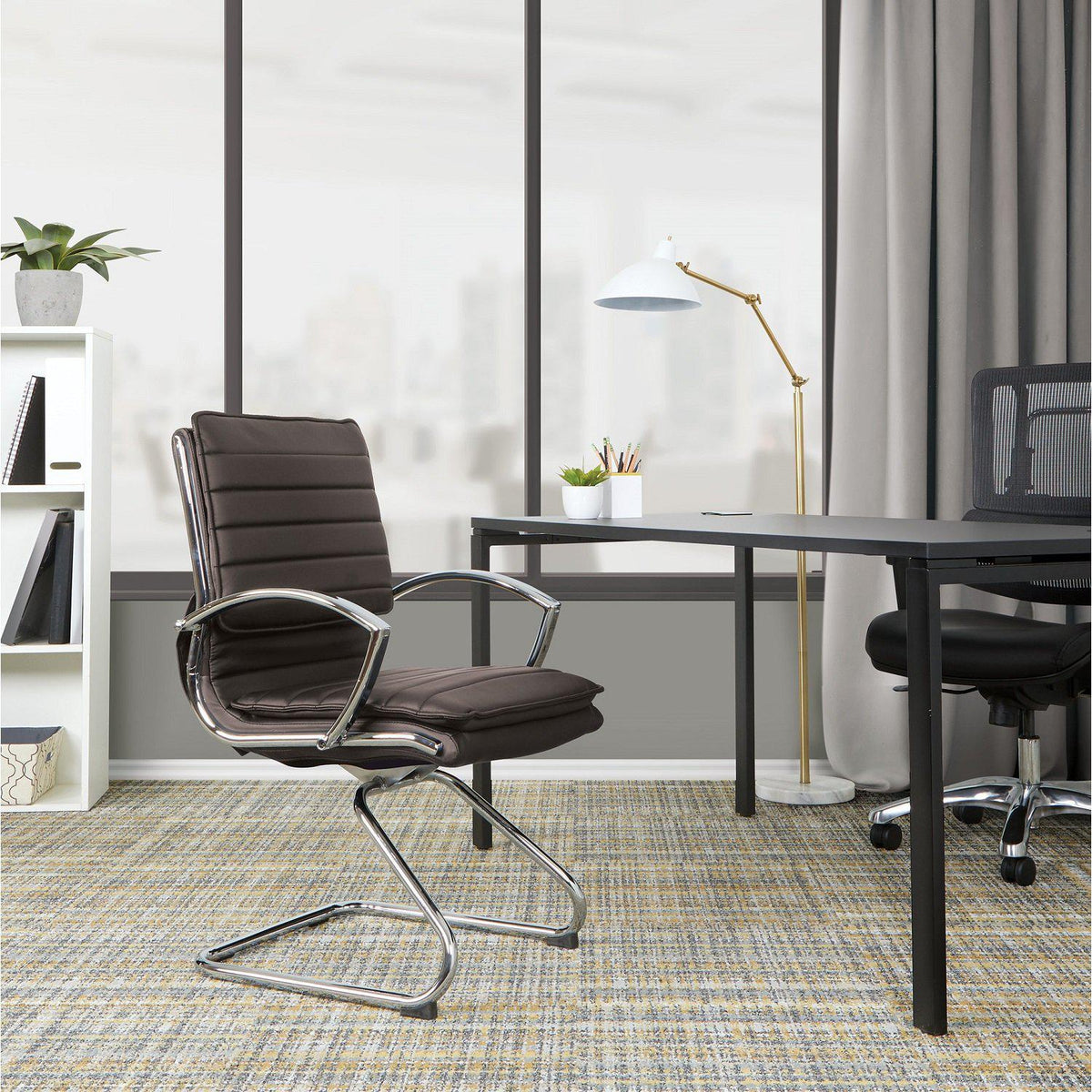 Faux Leather Guest Chair with Chrome Arms and Chrome Sled Base