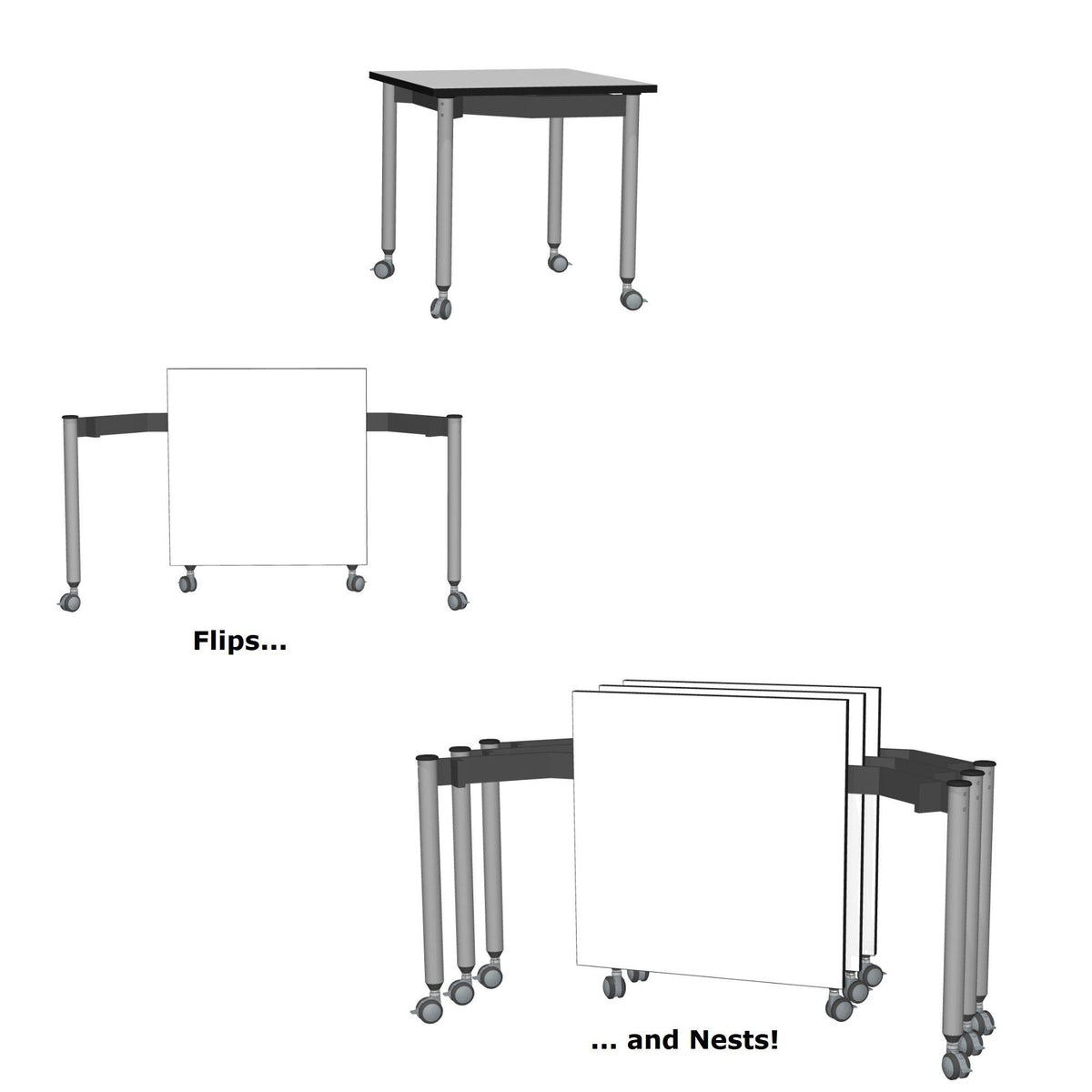 Muzo Kite® Mobile Dry-Erase Flip-Top Folding/Nesting Table, Small Rectangle, 29.5" W x 25.5" D