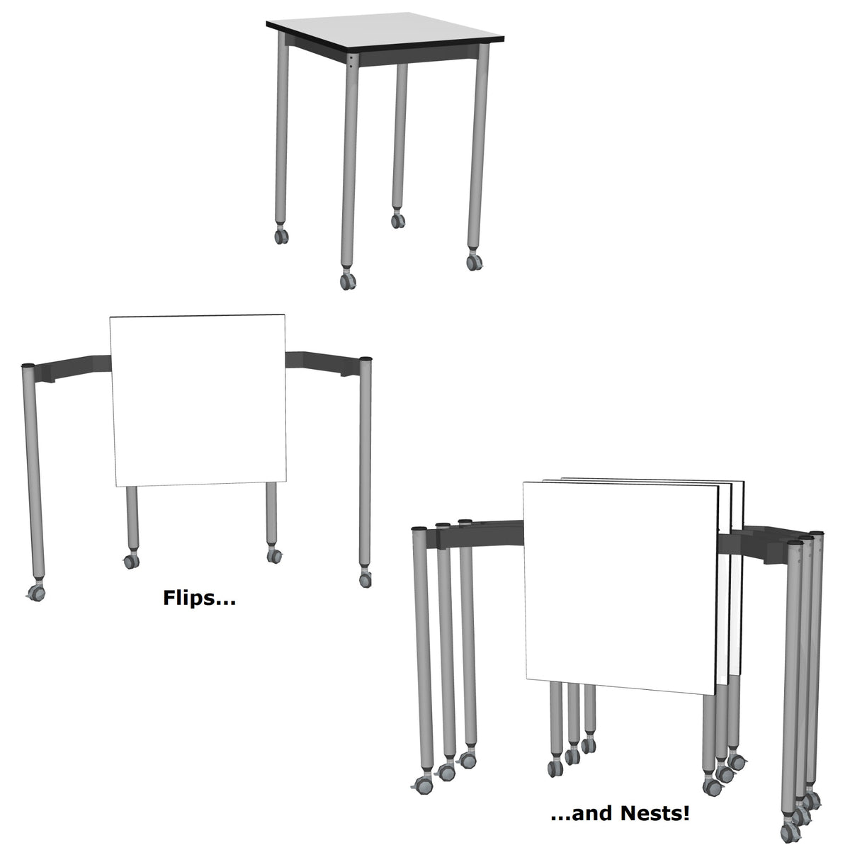 Muzo Tall Kite® Standing Height Mobile Dry-Erase Flip-Top Folding/Nesting Table, Square, 29.5" W x 29.5" D