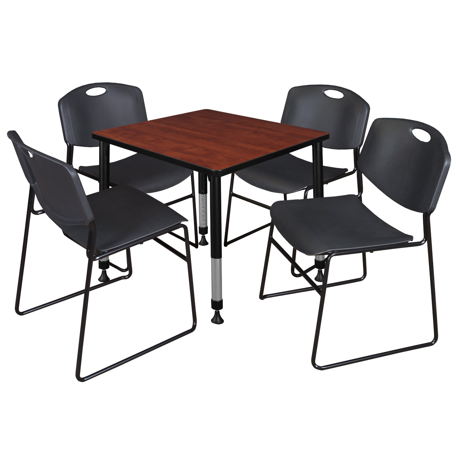 Kee Classroom Table and Chair Package, Kee 30" Square Adjustable Height Table with 4 Black Zeng Stack Chairs