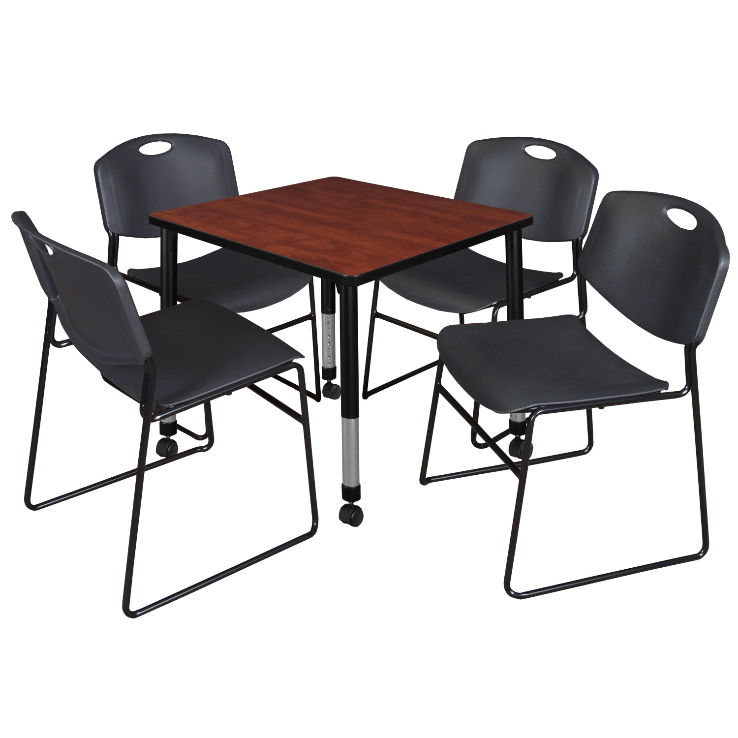 Kee Classroom Table and Chair Package, Kee 30" Square Mobile Adjustable Height Table with 4 Black Zeng Stack Chairs