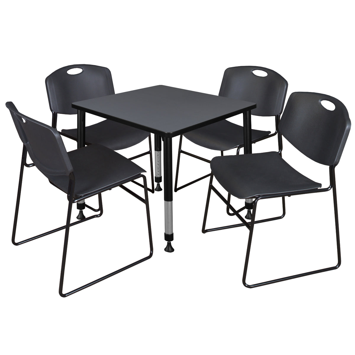 Kee Classroom Table and Chair Package, Kee 30" Square Adjustable Height Table with 4 Black Zeng Stack Chairs