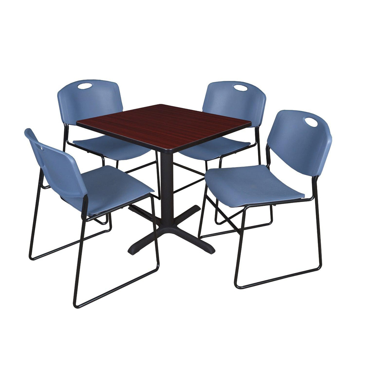 Cain Square Breakroom Table and Chair Package, Cain 30" Square X-Base Breakroom Table with 4 Zeng Stack Chairs