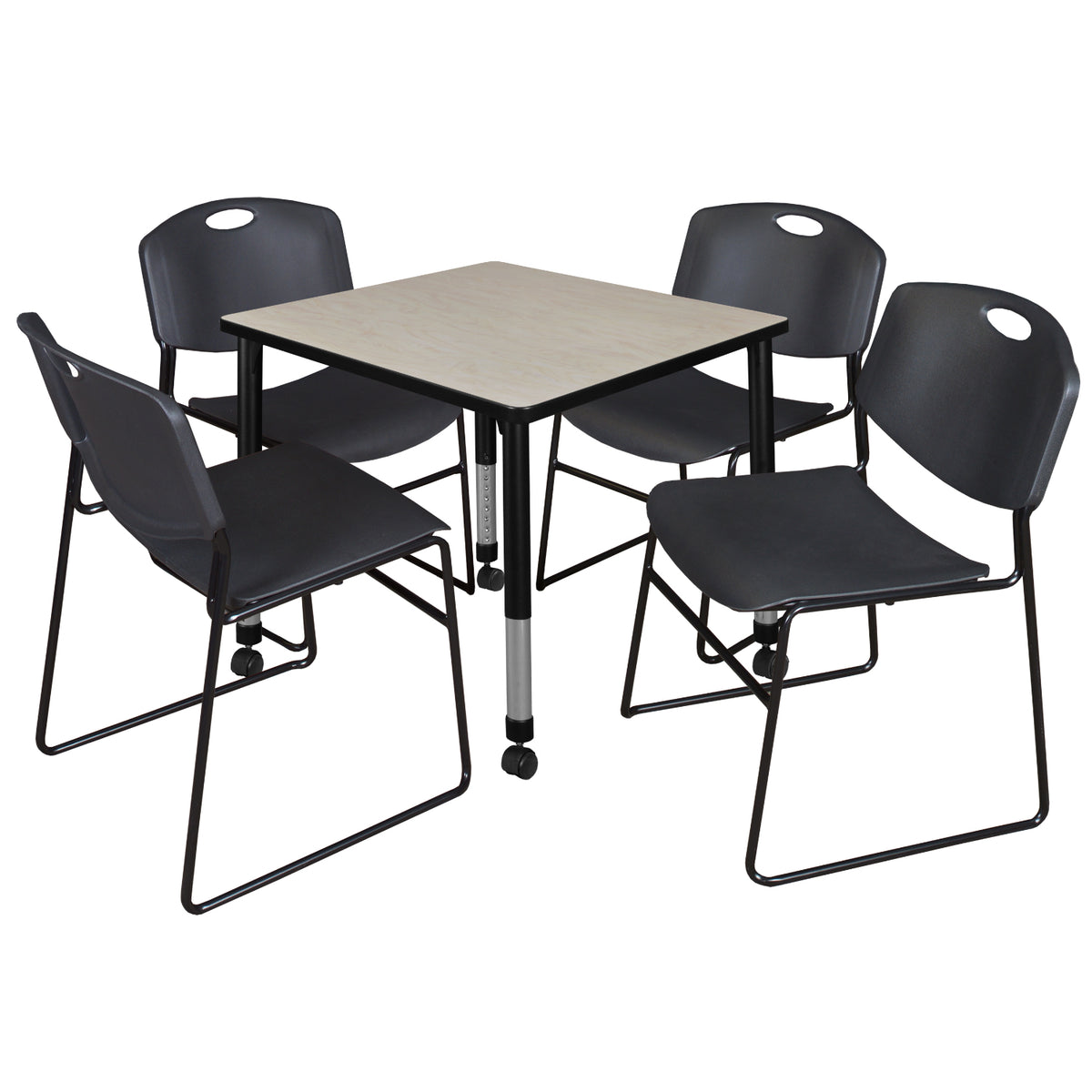 Kee Classroom Table and Chair Package, Kee 30" Square Mobile Adjustable Height Table with 4 Black Zeng Stack Chairs