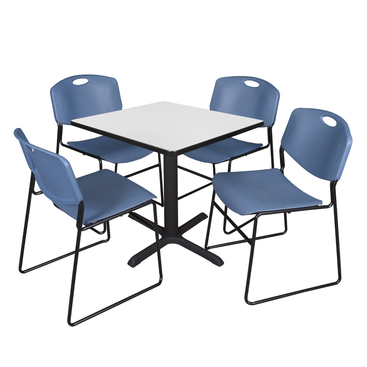 Cain Square Breakroom Table and Chair Package, Cain 30" Square X-Base Breakroom Table with 4 Zeng Stack Chairs
