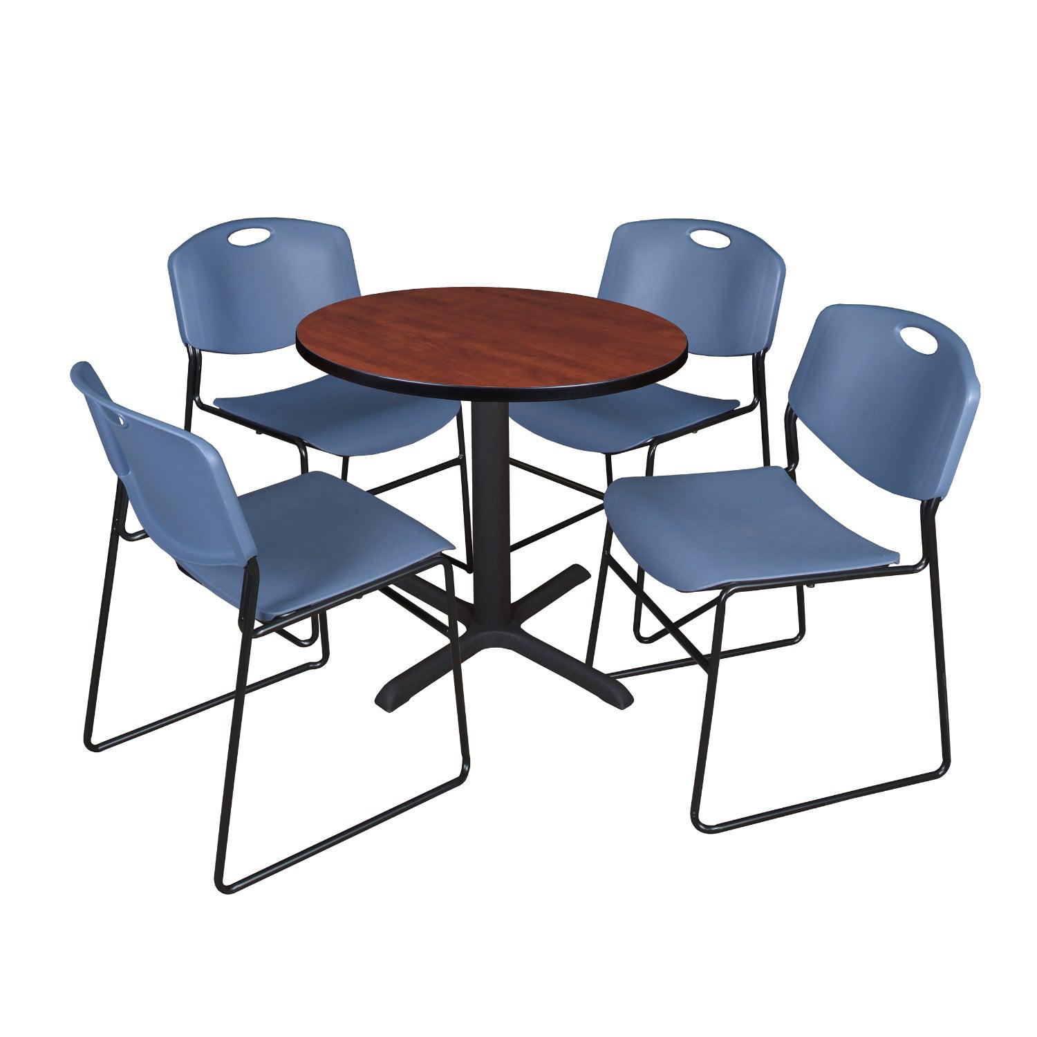 Cain Round Breakroom Table and Chair Package, Cain 30" Round X-Base Breakroom Table with 4 Zeng Stack Chairs