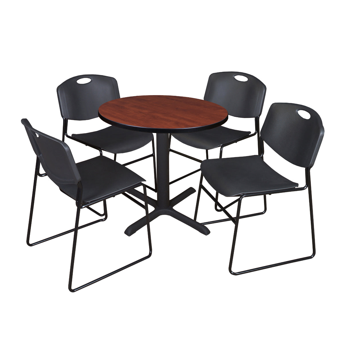 Cain Round Breakroom Table and Chair Package, Cain 30" Round X-Base Breakroom Table with 4 Zeng Stack Chairs