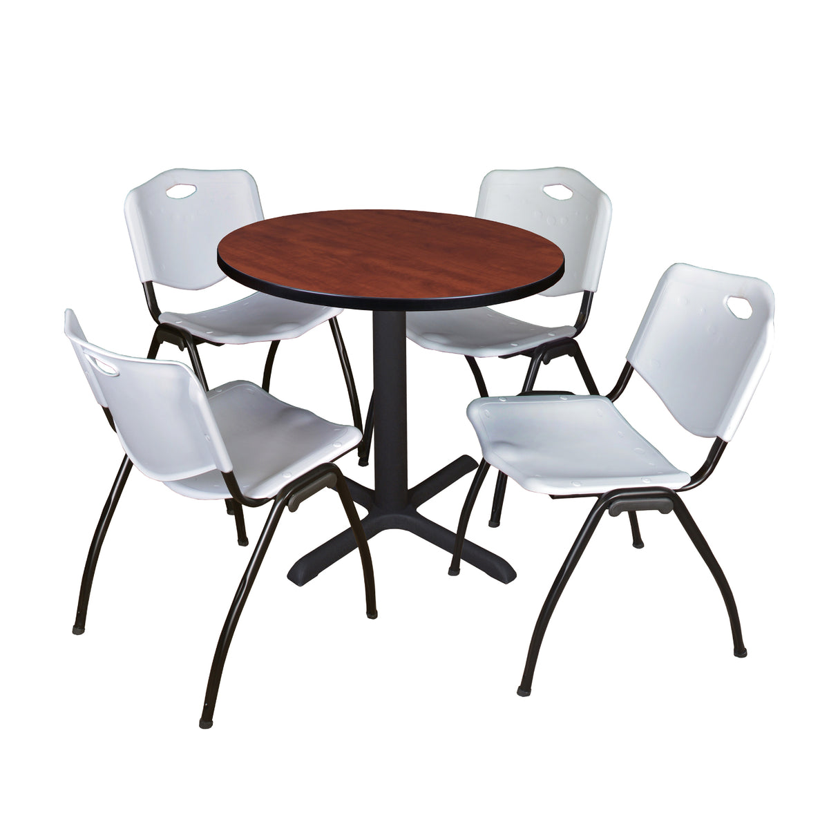 Cain Round Breakroom Table and Chair Package, Cain 30" Round X-Base Breakroom Table with 4 "M" Stack Chairs