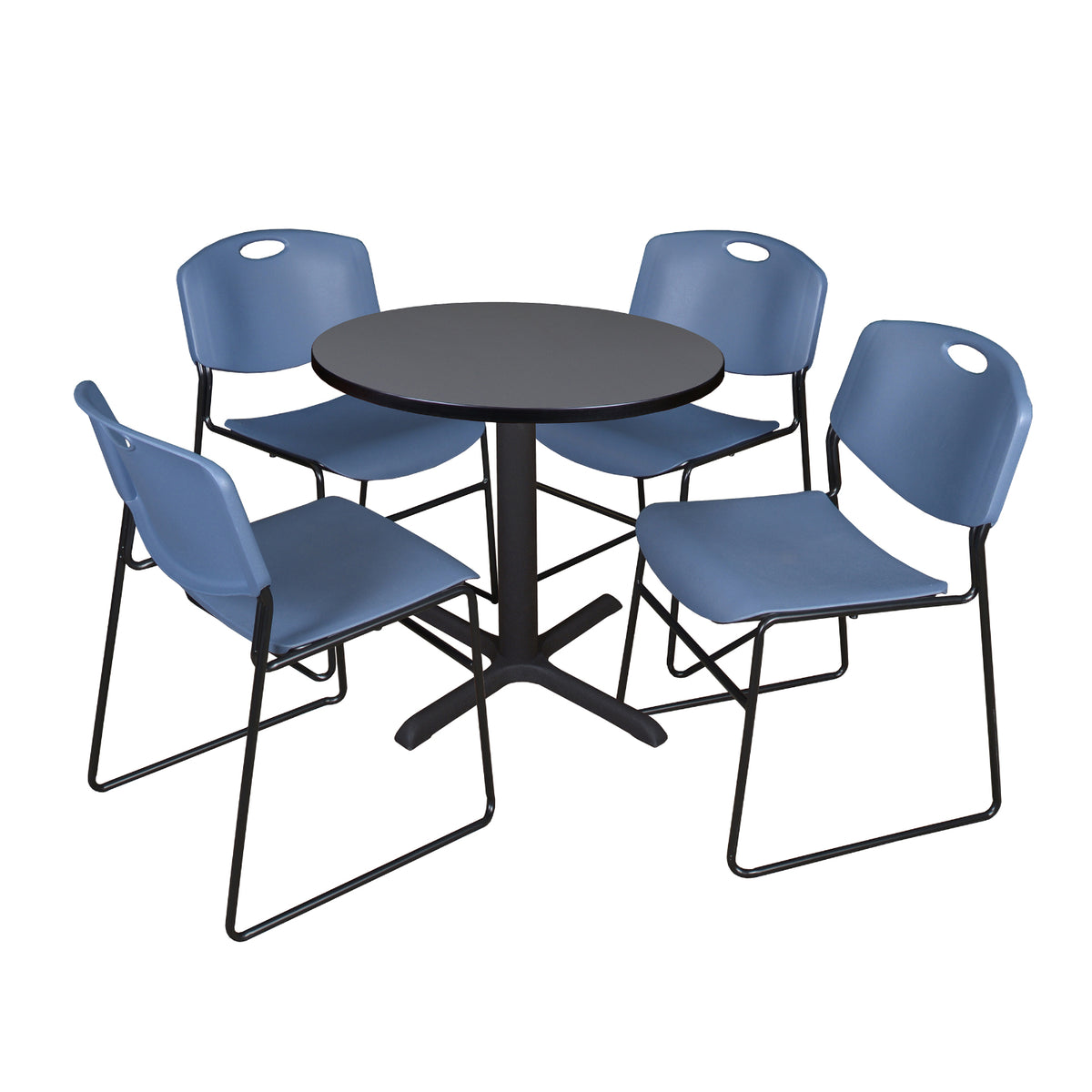 Cain Round Breakroom Table and Chair Package, Cain 30" Round X-Base Breakroom Table with 4 Zeng Stack Chairs