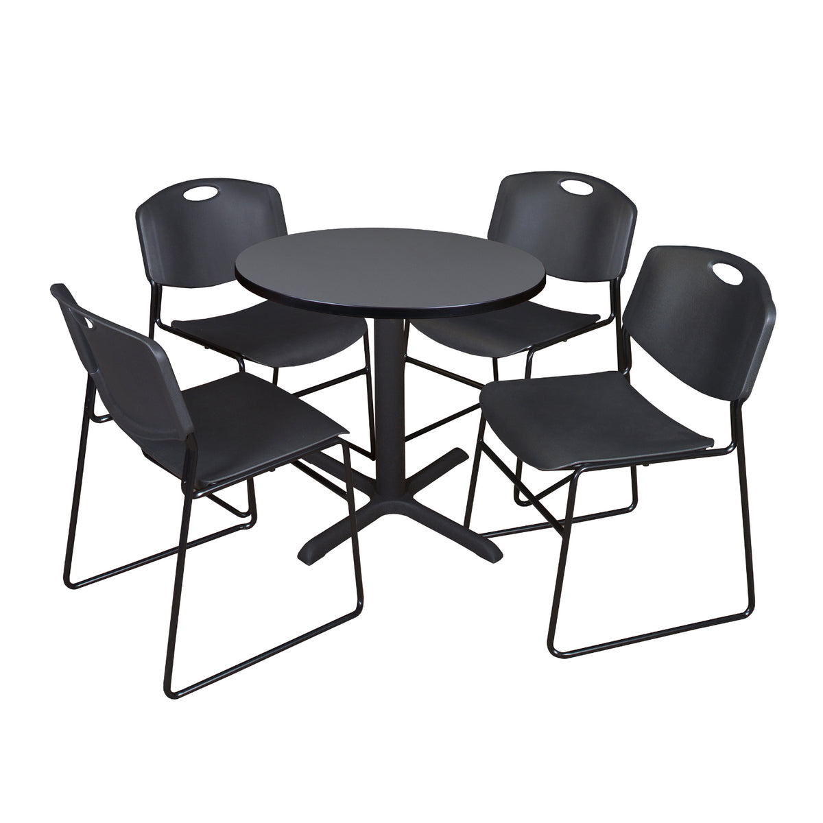 Cain Round Breakroom Table and Chair Package, Cain 30" Round X-Base Breakroom Table with 4 Zeng Stack Chairs