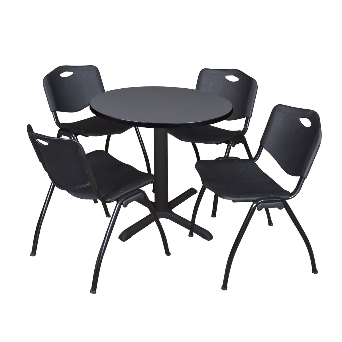 Cain Round Breakroom Table and Chair Package, Cain 30" Round X-Base Breakroom Table with 4 "M" Stack Chairs