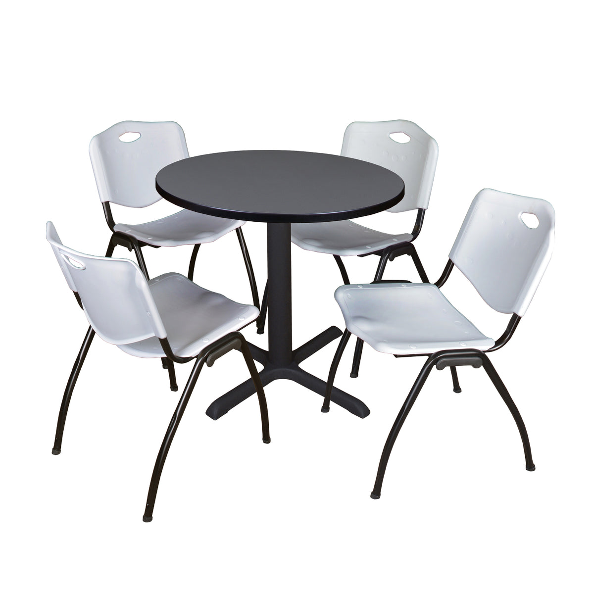 Cain Round Breakroom Table and Chair Package, Cain 30" Round X-Base Breakroom Table with 4 "M" Stack Chairs